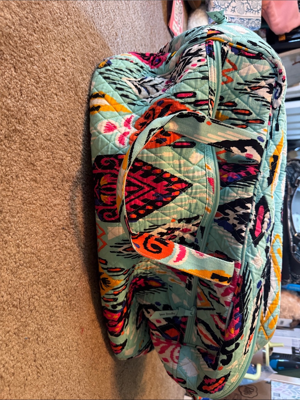 Vera Bradley Aqua Multi Quilted Duffel with Bright Geometric Print